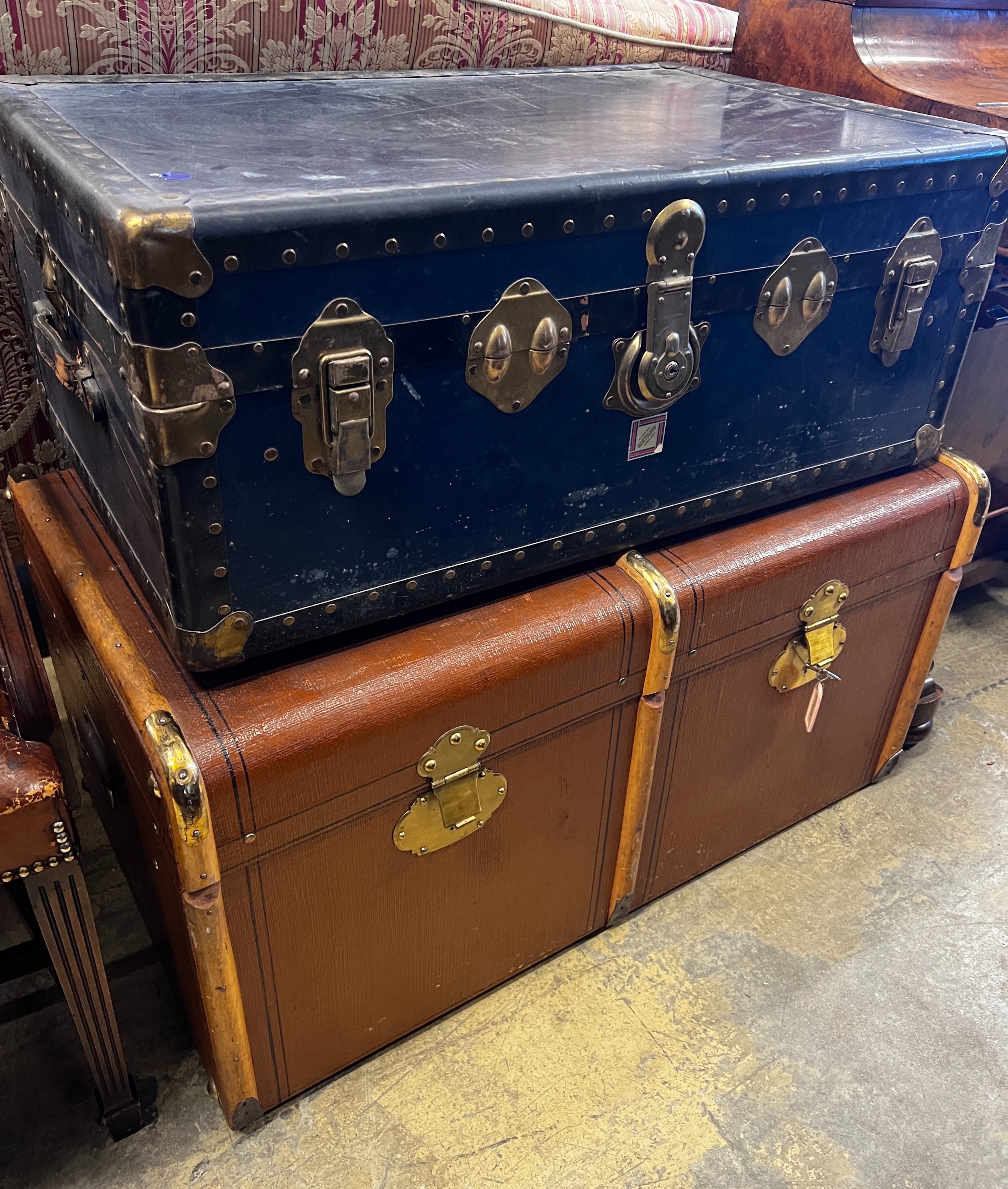 Two vintage cabin trunks, larger 89cm, depth 50cm, height 48cm